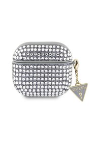 Resim Apple Uyumlu AirPods 4 Kılıf Guess Lisanslı Full Taşlı Üçgen Logo Süs Zincirli Luxury Kılıf Gümüş 