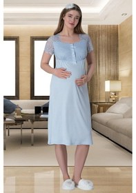 Resim Mecit Pijama Mecit 6013 Kadın Hamile Lohusa Mavi Dantelli Kısa Kollu Gecelik 001 