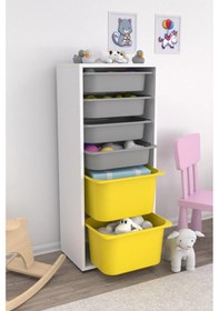 Resim Sepetli Oyuncak Dolabı Sarı Gri 2 Büyük 4 Küçük Gri - Sarı 