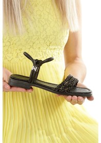 Resim Mia026-1550 Kadın El Örgülü Abiye Günlük-düğün-eğlence-siyah Kırışık Rugan Tatil Terliği Siyah 