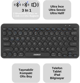 Resim Everest KB-BT16 3 Cihaz Desteği 2.4G+BT1+BT2 Android-Ios-PC Türkçe Q Klavye Kablosuz Klavye Bluetooth Klavye 