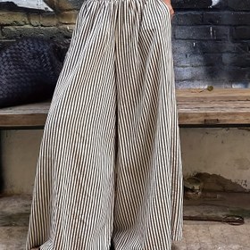 Resim Kadınların Rahat Geniş Bacaklı Çizgili Pantolonları - Elastik Bel, Polyester, Siyah ve Beyaz Dikey Çizgiler, Bahar/Yaz/Sonbahar için Mükemmel, Rahat Giyim | Rahat Kesim Pantolonlar | Parlak Bitiş 