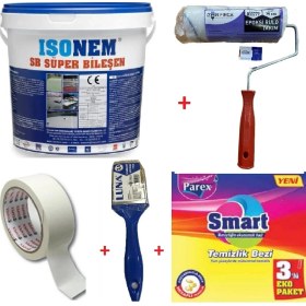 Resim Isonem Sb Süper Bileşen Su Yalıtımı Beyaz + Izmir Fırça Epoksi Rulo 20 Cm + Izmir Fırça Luna 2.5 Cm Kestirme Fırça + 3 Cm Maskeleme Bandı + Parex Smart 3 Lü Eko Paket Temizlik Bezi Set 