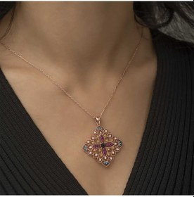 Resim 925 Ayar Gümüş Rose Etnik Desenli Madalyon Kolye Gri 