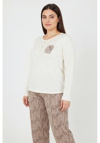 Resim Bravie Üstü Puanlı Altı Çizgi Desenli Elite Viscose Uzun Büyük Beden Pijama Takımı Ekru 3585 Ekru 