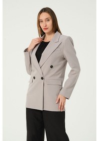 Resim Gri Regular Astarlı Kruvaze Kapama Dokuma Blazer Ceket 001 
