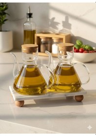 Resim Qerhome Mermer Stantlı 2li Borosilikat Cam Mantar Kapaklı Yağdanlık 500 Ml + 500 Ml Liya Beyaz 