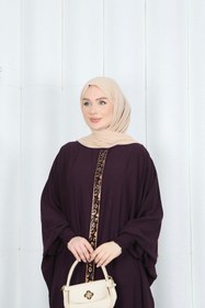 Resim HNT Hayrunnisa Tesettür Yarasa Kol Leopar Taşlı Elbise Mor HNT8526 