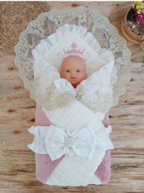 Resim Yenidoğan Wool Yün Kumaş Taç Nakışlı Güpür Duvaklı Fiyonk Prizma Taş Unisex Kundak Bebek Battaniyesi Pembe 