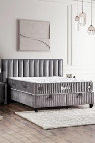 Resim Niron Yatak Hades Baza ve Başlık Seti 200x200 cm Çift Kişilik Paket Yaylı Lüks Koyu Gri Baza Başlık 