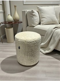 Resim Prime Dokulu Geometrik Desenli Silindir Puff Lüks Dekoratif Oturma Pufu Krem 