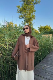 Resim Bipantolon Kadın Acı Kahve Bağlama Detaylı Flam Keten Kimono 