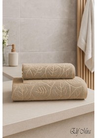 Resim Banyo & Yüz Havlusu Seti Dokulu %100 Pamuk 90x150 + 50x90 Cm Foliva Bej 