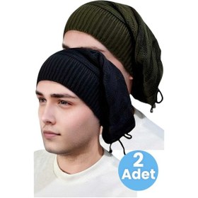 Resim Uniquetrenders 2'li Erkek Kışlık Triko Örgü Bere Ve Boyunluk Haki-siyah Haki - Siyah 
