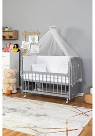 Resim Ahşap Beşik Anne Yanı Beşik Gri 60x120 - Beyaz Güpür Uyku Seti + Yatak + Tekerlekli Gri 