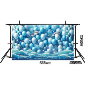 Resim Venspor Mavi ve Beyaz Balonlarla Süslenmiş Köpekbalığı Temalı Arkaplan, 200x150cm, Fon, Duvar Örtüsü 