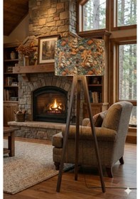 Resim Sonbahar Sincap Desenli Masif Çam Ayaklı Kumaş Tripod Lambader Çok Renkli 