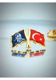Resim Yörük Tasarım Türk Bayrağı & Atatürk Altın Kaplama Mineli Döküm Yaka Rozeti 
