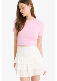 Resim Defacto Coool Fitted Crop Basic Düz Kısa Kollu Tişört F8924ax25hspn1 Pembe 