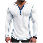 Resim Erkek Waffle Katı Pamuklu Kapüşonlu Nefes Şık Slim Fit Düğme Kapanış Rahat Rahat Uzun Kollu Erkek Kazak Beyaz 