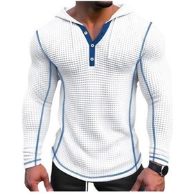 Resim Erkek Waffle Katı Pamuklu Kapüşonlu Nefes Şık Slim Fit Düğme Kapanış Rahat Rahat Uzun Kollu Erkek Kazak Beyaz 