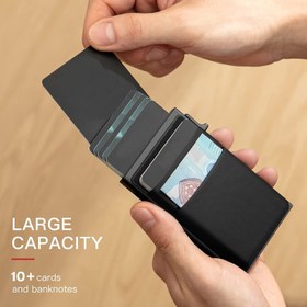 Resim Erkekler İçin Slim RFID Engelleme Cüzdan - Ultra-İnce Kredi Kartı Tutucu, Nakit Bölmesi, Çalma Koruması, Şifreli Kimlik/Pasaport Yuvası (10+ Banknot Kapasitesi) Seyahat ve Günlük Kullanım İçin Mükemmel Hediye (Siyah) 