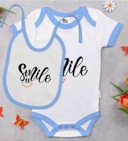 Resim Bk Kids Smile Tasarımlı Mavi Bebek Body Zıbın Ve Mama Önlüğü Hediye Seti-1 Çok Renkli 