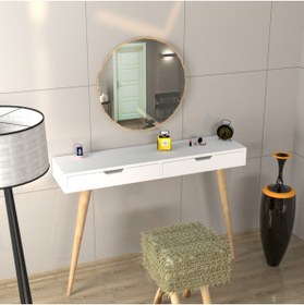 Resim Emkawood Karina Aynalı Masif Ayaklı Çekmeceli Makyaj Masası 