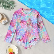 Resim Kızlar için Leopar Desenli Tek Parça Bikini Mayo Yaz Tatili Güneş Kremi Uzun Kollu Mayo Yüksek Elastik Pürüzsüz Serin Kız Modası Tek Parça Mayo 