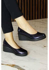 Resim Erkan Saçmacı Mabel Lacivert Yılan Hakiki Dana Derisi Yuvarlak Burun Dolgu Topuklu Günlük Ayakkabı Lacivert 