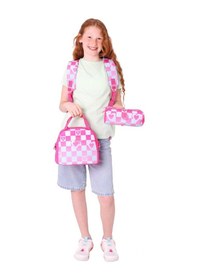 Resim Kaukko Nature Üçlü Kız Çocuk Okul Çanta Seti - Pembe - Dama Ve Kalp Desenli Pembe - Mavi 