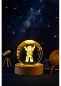 Resim Ledli Usb'li Ahşap Standlı Astronot Temalı Kristal Küre Renkli Rgb Led 3d Oda Masa Ve Gece Lambası Kar Küresi 