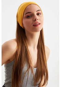 Resim Kadın Çift Taraflı Kullanım Alternatifli Pamuklu Penye Kaymaz Hafif Spor Saç Bandı Bandana - Tek Ebat / Hardal Hardal 
