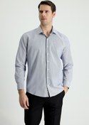 Resim Orta Lacivert Uzun Kol Slim Fit Dar Kesim Klasik Çizgili Pamuklu Kolay Ütülenebilir Gömlek Kigili