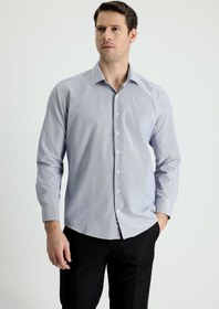 Resim Orta Lacivert Uzun Kol Slim Fit Dar Kesim Klasik Çizgili Pamuklu Kolay Ütülenebilir Gömlek 