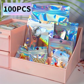 Resim 100 Adet LuxeCraft Holografik Mylar Poşet, Koku Geçirmez Tekrar Kapanabilir PET Hediye Çantaları Takı, Boncuk, El Sanatları ve Kozmetik İçin 
