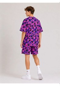 Resim Erkek Çocuk Oversize Kalıp Pubg Bape X Shark Nakışlı Cepli Şort Takım - Mor 