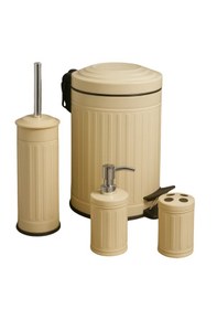 Resim Vintage Dörtlü Siyah Banyo Seti Çöp Kovası Tuvalet Fırçası Diş Fırçalık Sıvı Sabunluk Metal Krem 