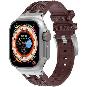 Resim Saati Ultra 49mm Timsah Dokusu Sıvı Silikon Saat Bantı Gümüş Koyu Kahverengi 