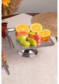 Resim Gümüş Kare, Ayaklı Şık Kek, Pasta, Kurabiye Ve Tatlı Servis Sunum Standı Gümüş 