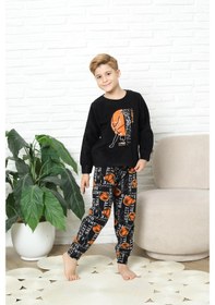 Resim Yeni Stil Sonbahar/kış Erkek Çocuk Basketball Desenli Polar Pijama Takımı 4562 Siyah 