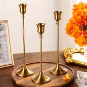 Resim 3 adet Pirinç Altın Metal Konik Mum Tutucuları, Vintage Modern Dekoratif Merkez Mum Tutucuları, Şömine Mantel, Düğün, Noel Partisi, Ev Hediyesi için 