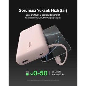 Resim Belkin BPB024HQPK - 20.000 mAh Powerbank, 30W Hızlı Şarj, Entegre USB-C Kablo - Pembe 