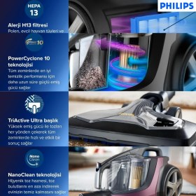 Resim Philips Marathon Ultimate Toz Torbasız Elektrikli Süpürge, 899W, Powercyclone 10, Süper Turbo Fırça, Sert Zemin Başlığı, XB9155/07 