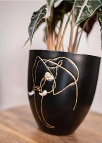 Resim 16 Cm Çapında Fil Desenli Siyah Metal Saksı - 