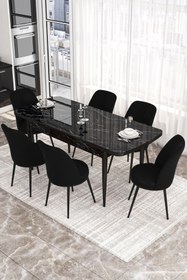 Resim Canisa Concept Via Serisi 80x132 Açılabilir Mutfak Masası Takımı Siyah Mermer Desen Masa 6 Siyah Sandalye 
