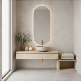 Resim 50x112 Cm Modern Oval Led Banyo Aynası Dokunmatik, Dim Edilebilir 3000k Günışığı Sarı 