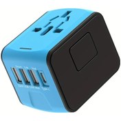 Resim Primepickings Blue Travel Adaptör Dünya Çapında Seyahat Tip C 3 Usb Port Ve Ac Priz Evrensel 