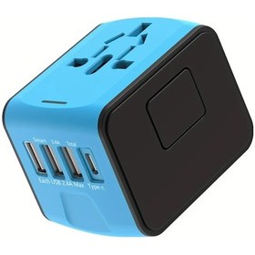 Resim Primepickings Blue Travel Adaptör Dünya Çapında Seyahat Tip C 3 Usb Port Ve Ac Priz Evrensel 