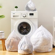 Resim 3'lü set çekme ipi koruyucu çamaşır torbası, makine yıkama iç çamaşırı ağ torbası, süveter giysiler için filtre yıkama ağ torbası, astarlı ceket ağ torbası, deformasyon önleyici kirli çamaşır saklama torbası, Çamaşır Torbaları 